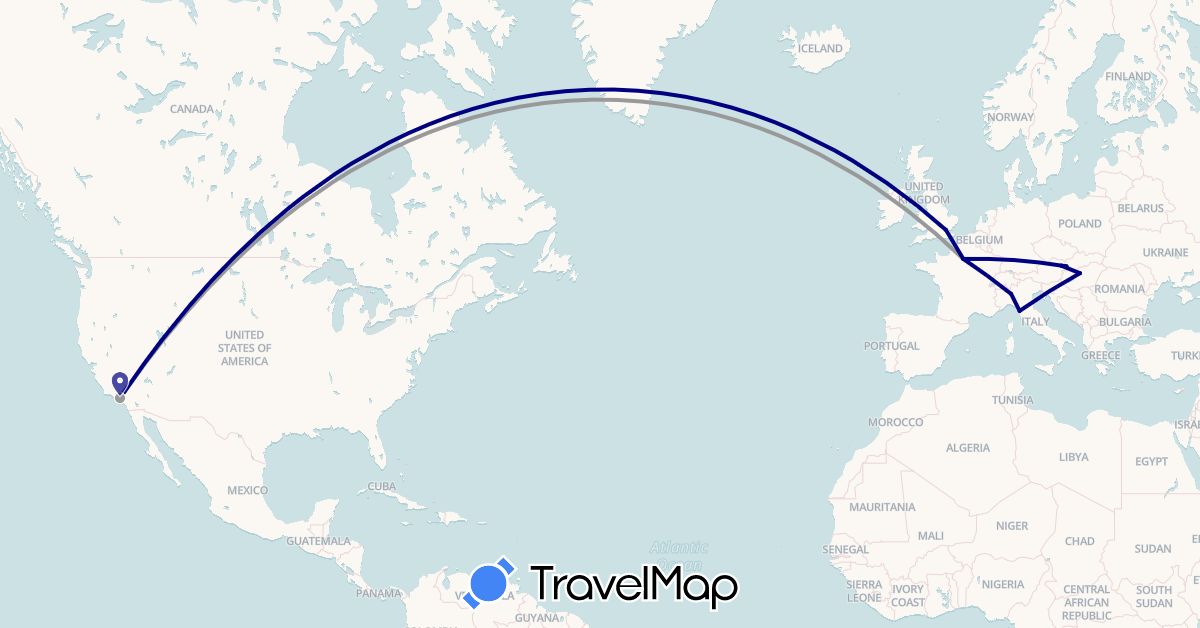 TravelMap itinerary: driving, plane in Austria, France, United Kingdom, Hungary, Italy, Slovakia, United States (Europe, North America)